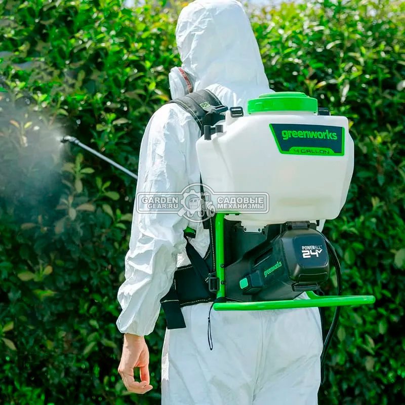 Опрыскиватель аккумуляторный GreenWorks G24BPSII с АКБ 2 А/ч и ЗУ (PRC, 24В, ранцевый, 5 бар, 15 л, 1.9 л/мин, 4.8 кг)