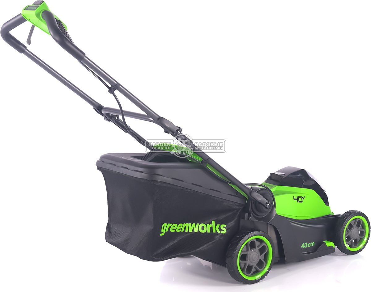Газонокосилка аккумуляторная GreenWorks GD40LM411 с АКБ 5 А/ч и ЗУ (PRC, BL 40В, 41 см, пластик, мульчирование, 60 л, 16.5 кг)