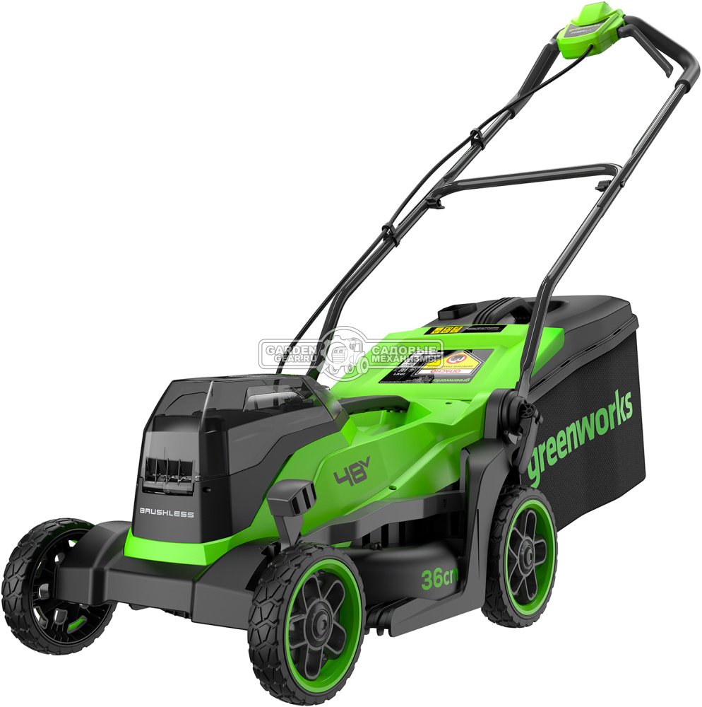 Газонокосилка аккумуляторная GreenWorks GD24X2LM361 без АКБ и ЗУ (PRC, BL 2x24В, 36 см, пластик, мульчирование, 40 л, 12.9 кг)