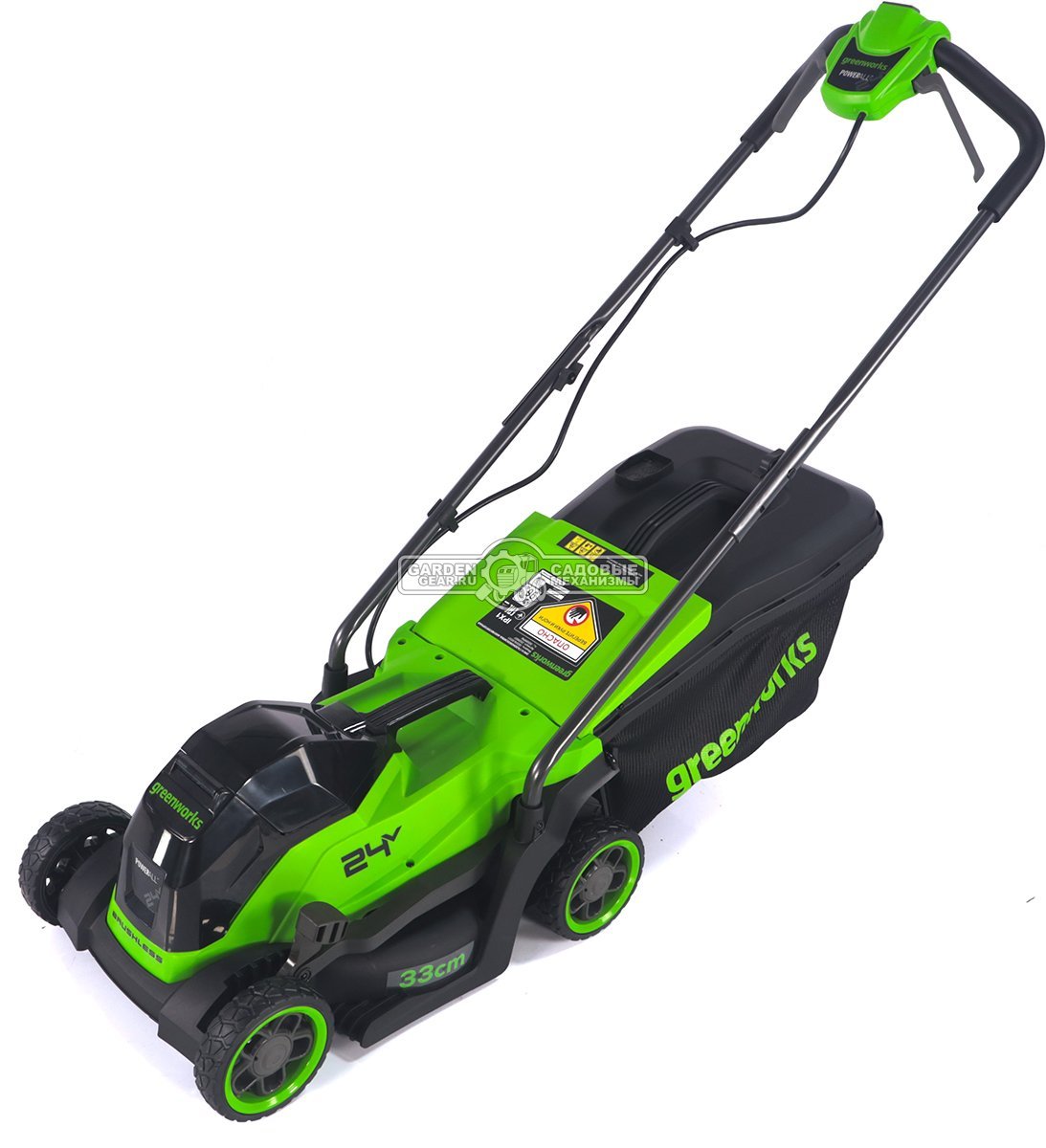Газонокосилка аккумуляторная GreenWorks GD24LM331 с АКБ 4 А/ч и ЗУ (PRC, BL 24В, 33 см, пластик, мульчирование, травосборник 30 л, 9.9 кг)