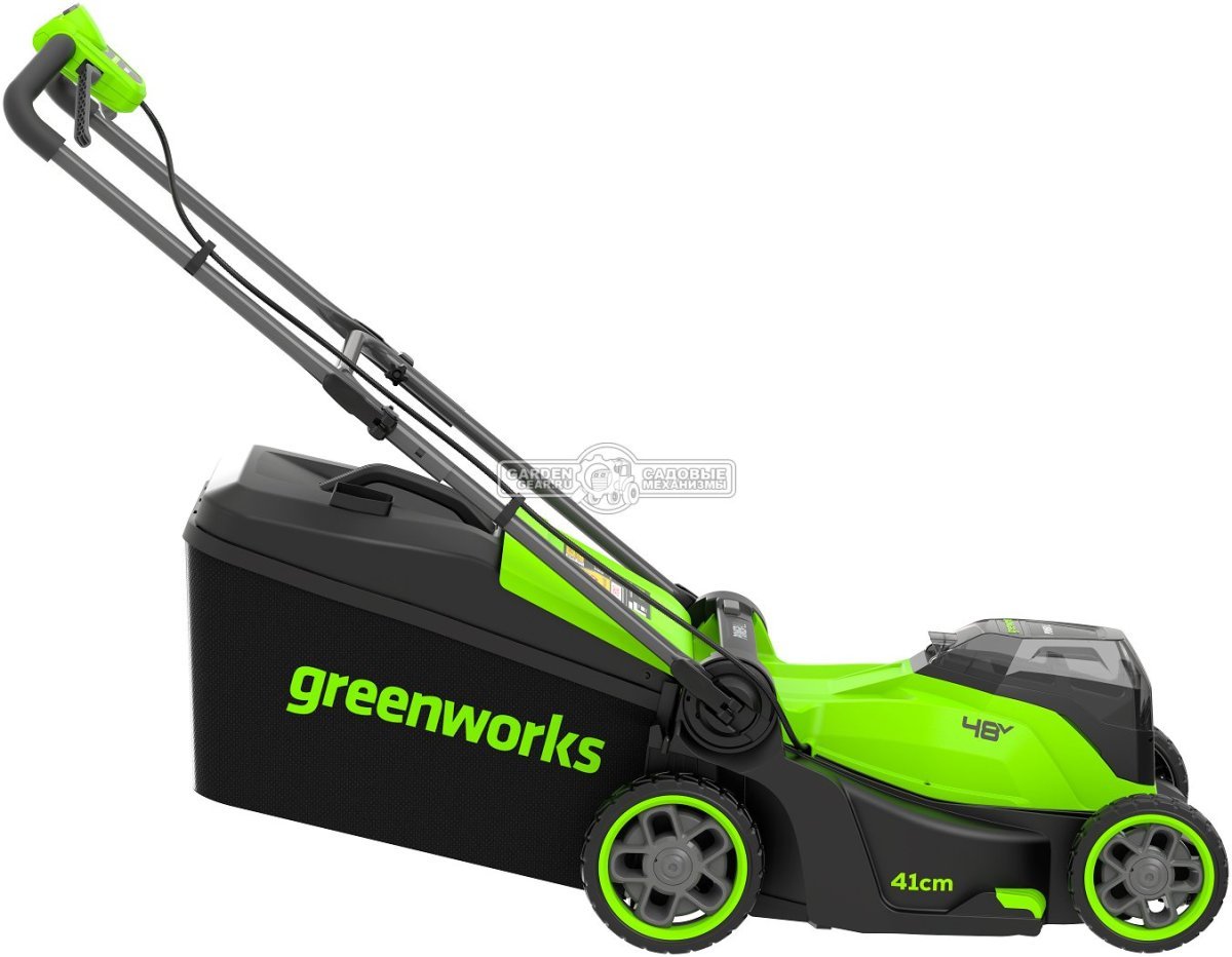 Газонокосилка аккумуляторная GreenWorks GD24X2LM411 с 2 АКБ 4 А/ч и ЗУ (PRC, BL 2х24В, 41 см, пластик, мульчирование, 60 л, 16.6 кг)