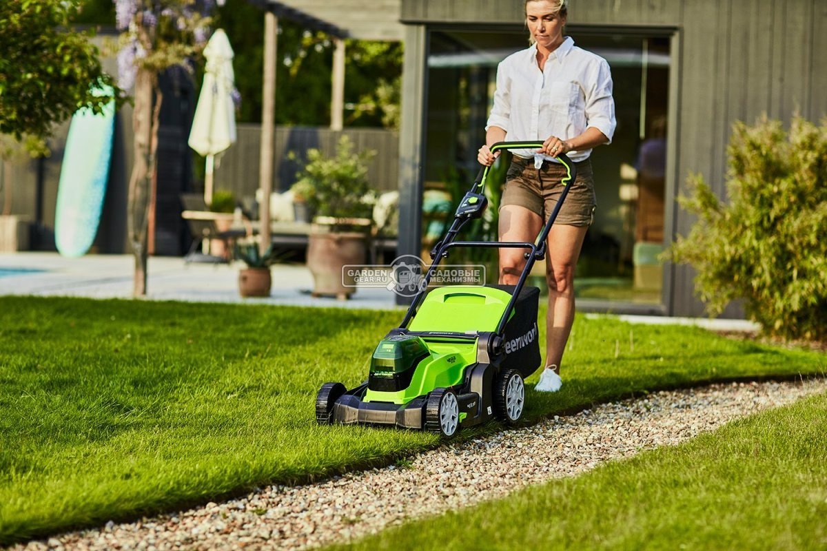 Газонокосилка аккумуляторная GreenWorks G24X2LM41 с 2 АКБ 4 А/ч и ЗУ (PRC, 2х24В, 41 см, пластик, мульчирование, 50 л, 18 кг)