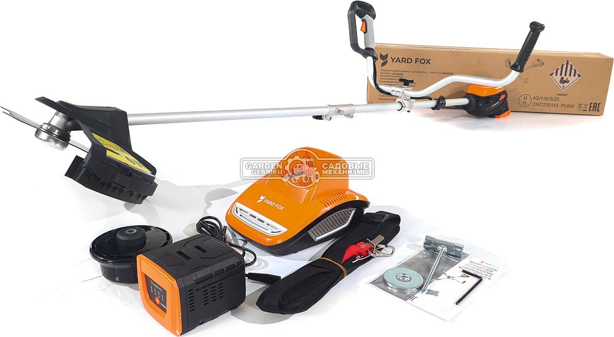 Мотокоса аккумуляторная Yard Fox BC4025B SET с АКБ 4.0 А/ч и ЗУ (PRC, 40В, BL, нож 3T + леска 2.0 мм, разъем, Т-ручка, 6.0 кг)