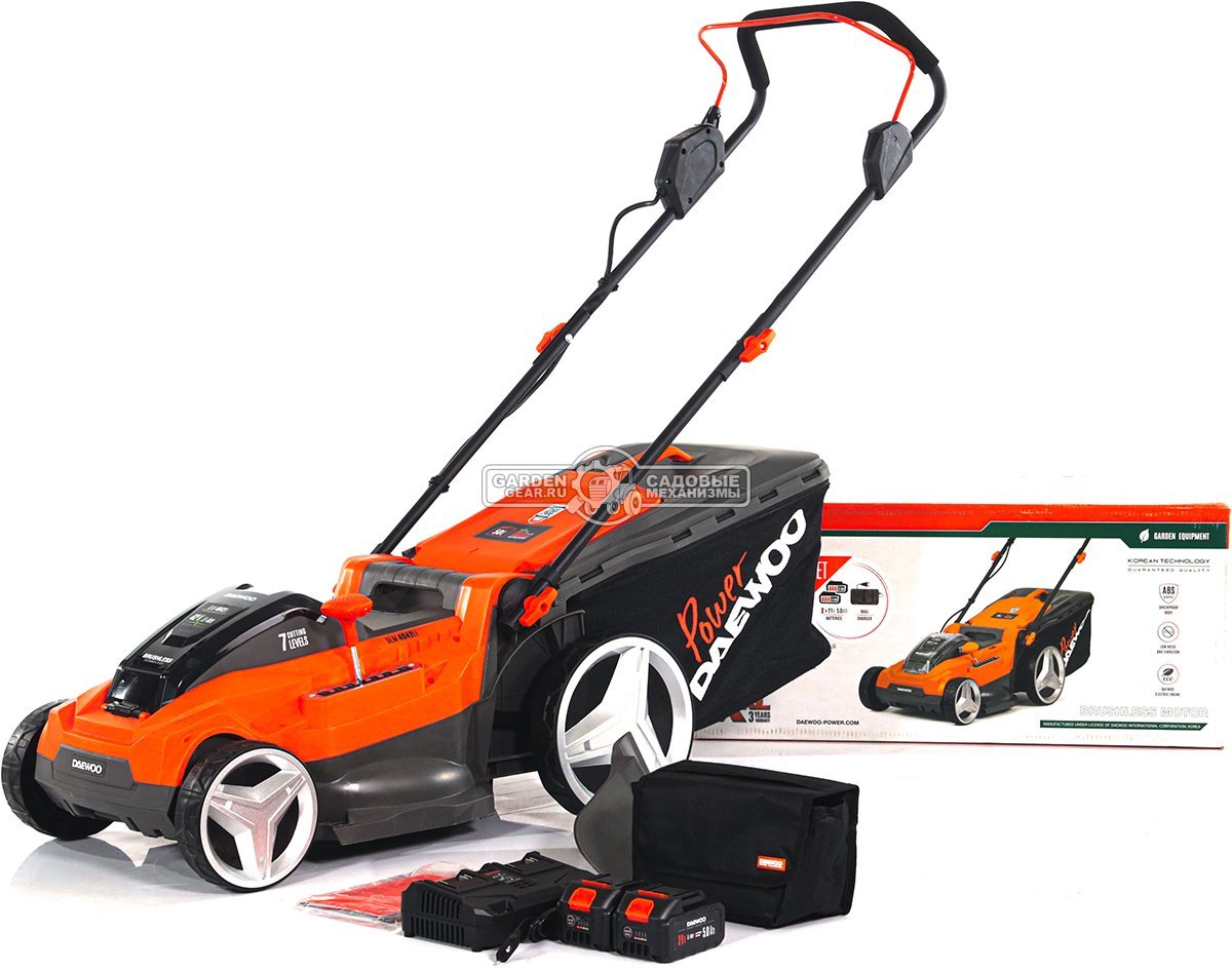 Газонокосилка аккумуляторная Daewoo DLM 4042Li SET с 2 АКБ 5 А/ч и ЗУ (PRC, 40 см, BL 2x21В, пластик, мульчирование, 50 л, 13.2 кг)