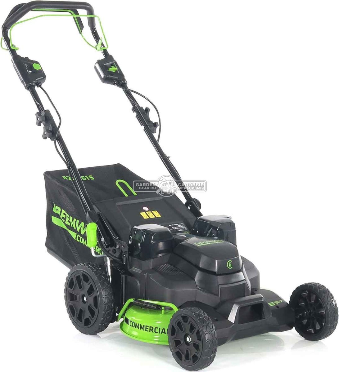 Газонокосилка аккумуляторная самоходная GreenWorks GC82LM61S TwinForce без АКБ и ЗУ (PRC, BL 82В, 61 см, сталь, 2 слота для АКБ, мульч., 70 л, 32 кг)
