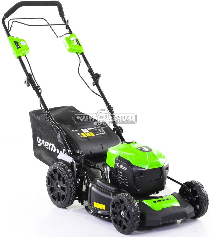 Газонокосилка аккумуляторная самоходная GreenWorks GD40LM46SP с АКБ 4 А/ч и ЗУ (PRC, BL 40В, 46 см, 2 слота для АКБ, сталь, 4 в 1, 55 л, 29 кг)