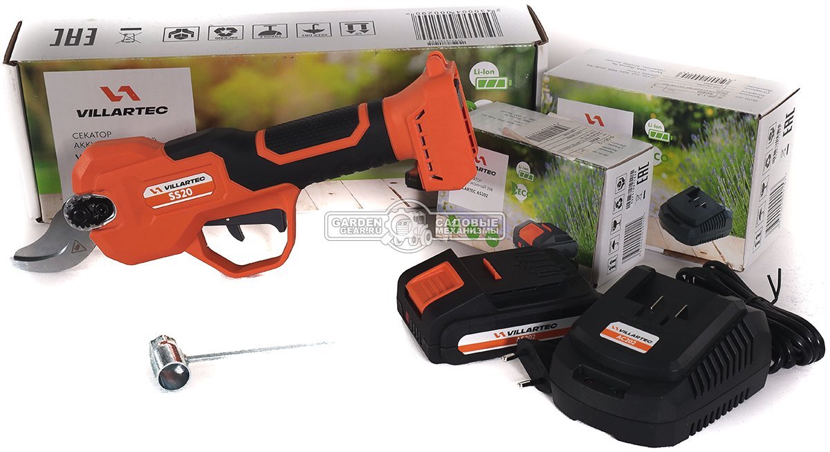 Аккумуляторный секатор Villartec SS20 с АКБ 2 А/ч и ЗУ (PRC, Li-Ion, BL, 20В, ветки до 27 мм, 1.0 кг.)
