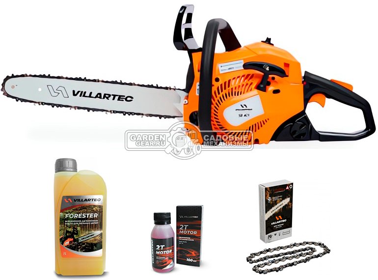 Бензопила Villartec SB401 16" + 2Т 100 мл, масло д/цепи 1 л, запасная цепь (PRC, 40.2 куб.см., 1,8 кВт/ 2.4 л.с., 3/8"-1.3-56E, 4.8 кг)