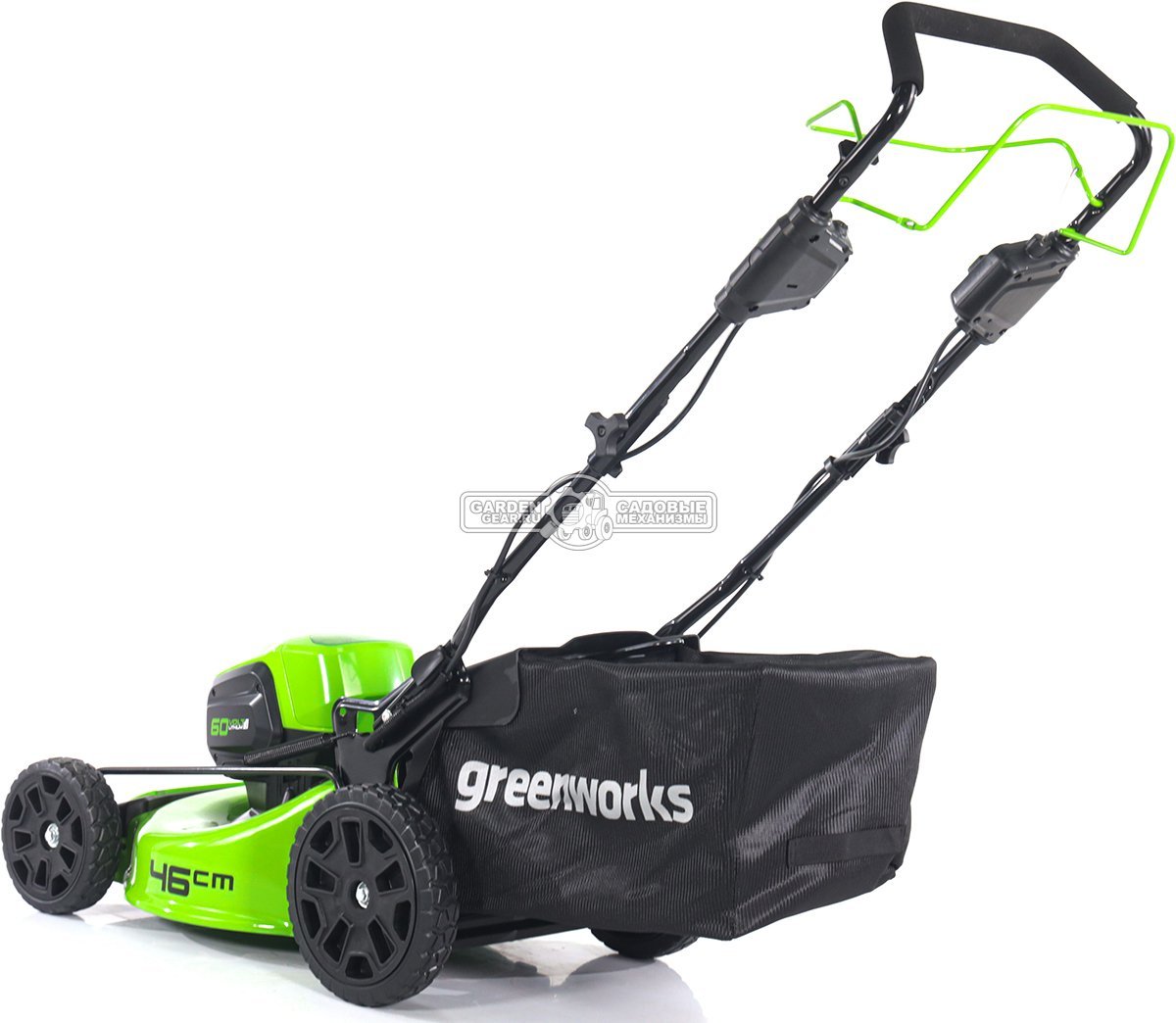 Газонокосилка аккумуляторная самоходная GreenWorks GD60LM46SP с АКБ 4 А/ч и ЗУ (PRC, BL 60В, сталь, 46 см, 3 в 1, 52 л, 28 кг)