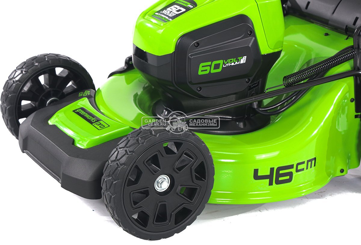 Газонокосилка аккумуляторная самоходная GreenWorks GD60LM46SP с АКБ 4 А/ч и ЗУ (PRC, BL 60В, сталь, 46 см, 3 в 1, 52 л, 28 кг)