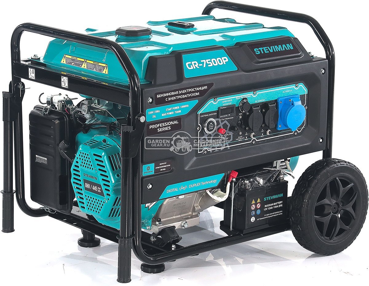 Бензиновый генератор Steviman GR-7500Р (RUS, 445 см3, 7.0/7.5 кВт, 25 л, электростарт + разъем АВР, колеса, 91 кг)