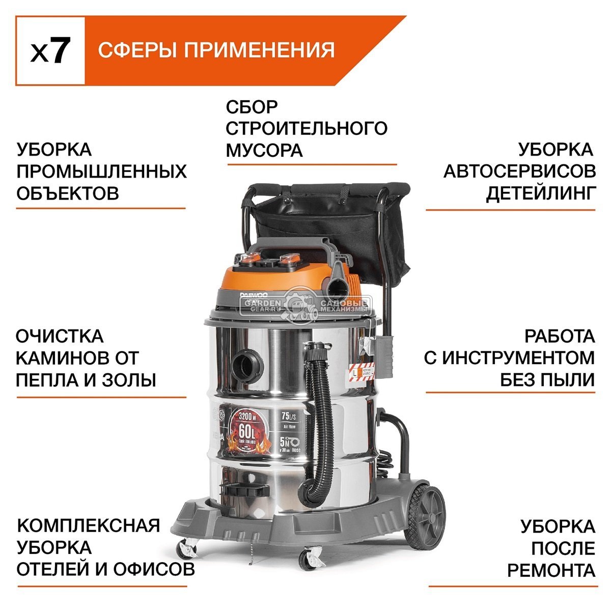 Пылесос Daewoo DAVC 6030S для сухой и влажной уборки (PRC, 3,2 кВт, 4500 л/мин, 300 мбар, контейнер 60 л., шланг 5 м., 20,5 кг.)
