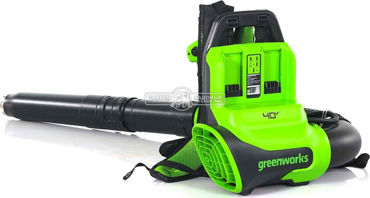 Воздуходувка аккумуляторная ранцевая GreenWorks АGD40BPG2 без АКБ и ЗУ (PRC, BL 40В, 281 км/ч, 20 м3\мин, Turbo режим)