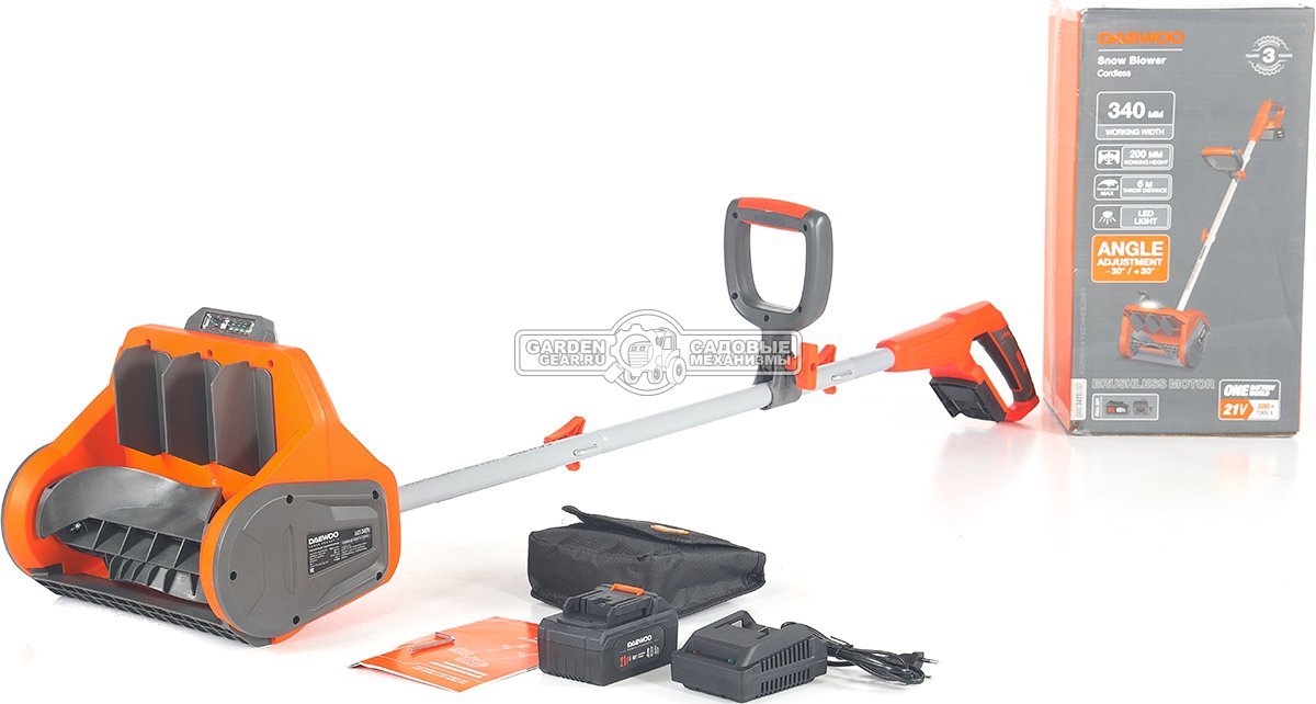 Снегоуборщик аккумуляторный / лопата Daewoo DAST 3421Li SET c АКБ 4 А/ч и ЗУ (PRC, BL 21В, ширина 34 см, 4.3 кг)