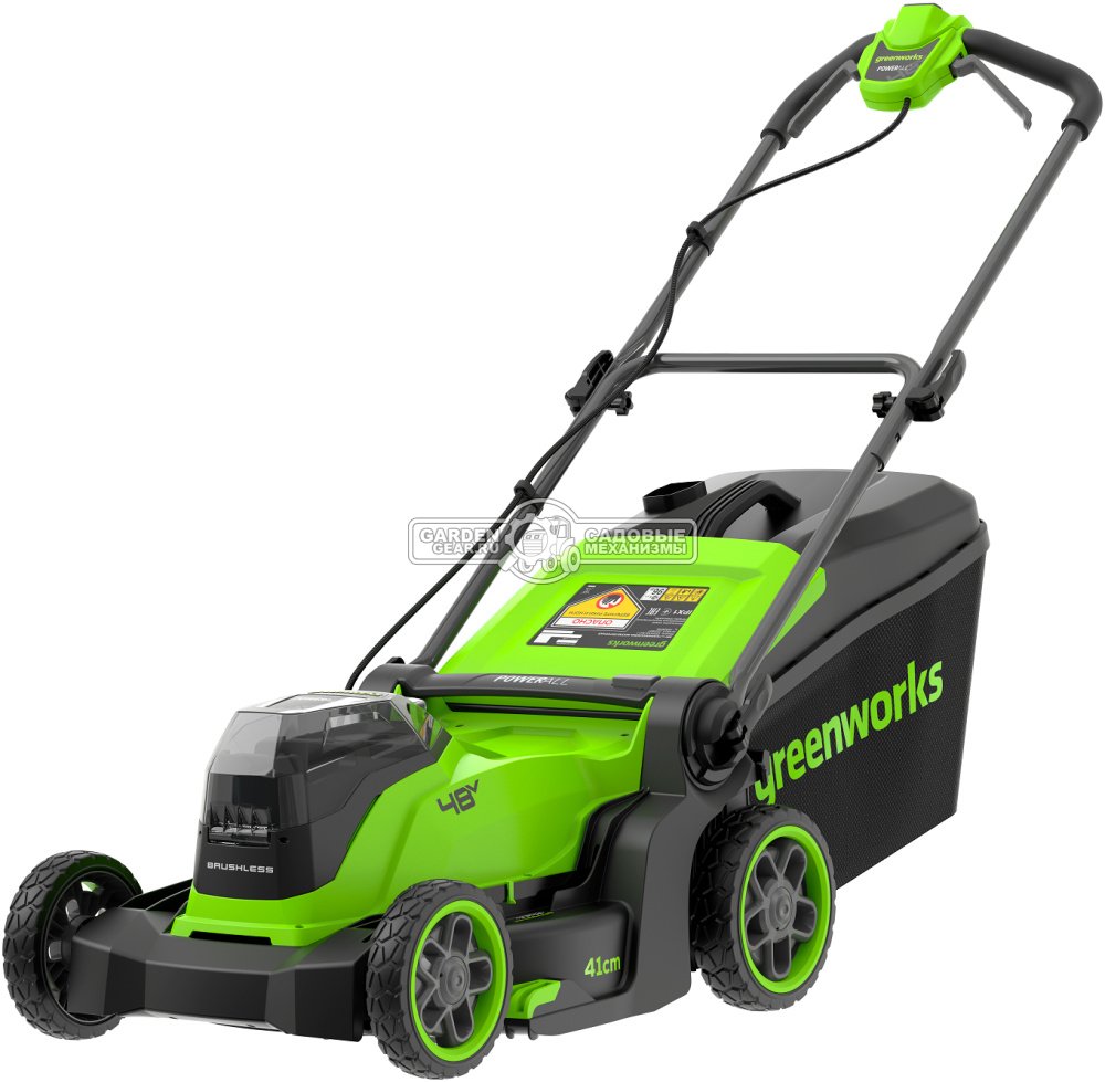 Газонокосилка аккумуляторная GreenWorks GD24X2LM411 с 2 АКБ 4 А/ч и ЗУ (PRC, BL 2х24В, 41 см, пластик, мульчирование, 60 л, 16.6 кг)
