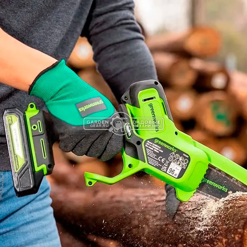 Аккумуляторный цепной сучкорез - минипила GreenWorks G24MCS10 с АКБ 4 А/ч и ЗУ (PRC, 24В, шина 4&quot;/10 см, 1/4&quot;-1.1-26E, 1.9 кг)