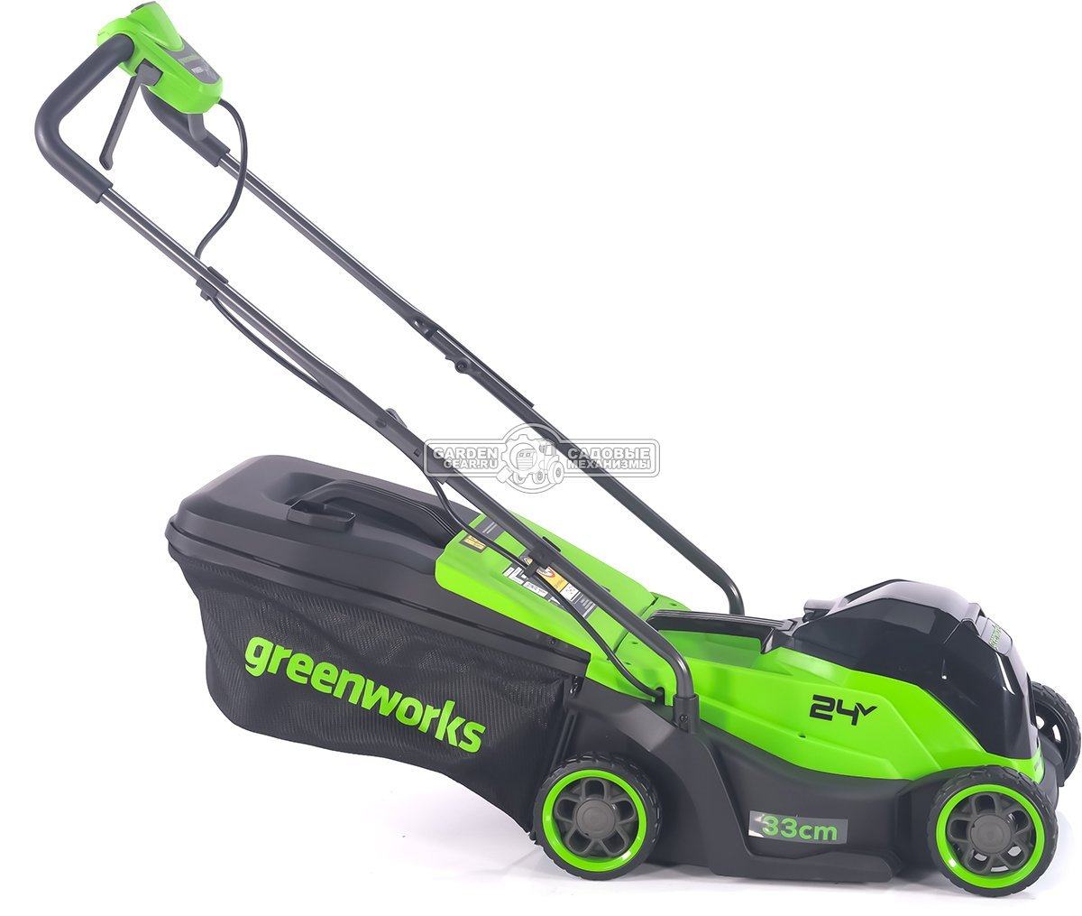 Газонокосилка аккумуляторная GreenWorks GD24LM331 с АКБ 4 А/ч и ЗУ (PRC, BL 24В, 33 см, пластик, мульчирование, травосборник 30 л, 9.9 кг)