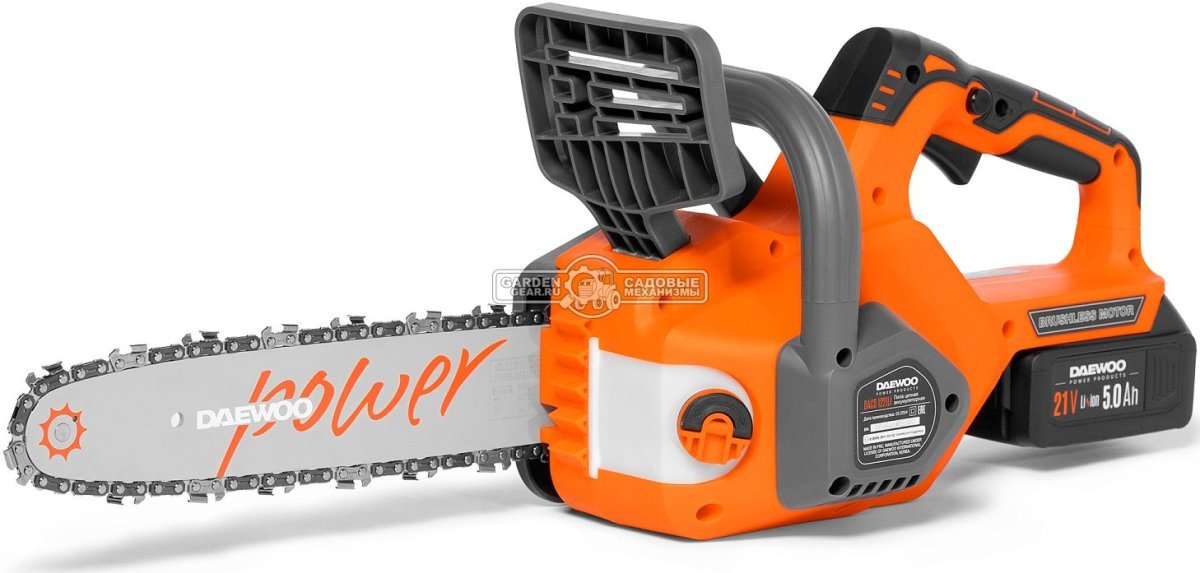 Пила аккумуляторная цепная Daewoo DACS 1221Li 12" SET с АКБ 5 А/ч и ЗУ (PRC, BL 21В, натяжение цепи без инструмента, 3/8"-1.1-45E, 3.8 кг)