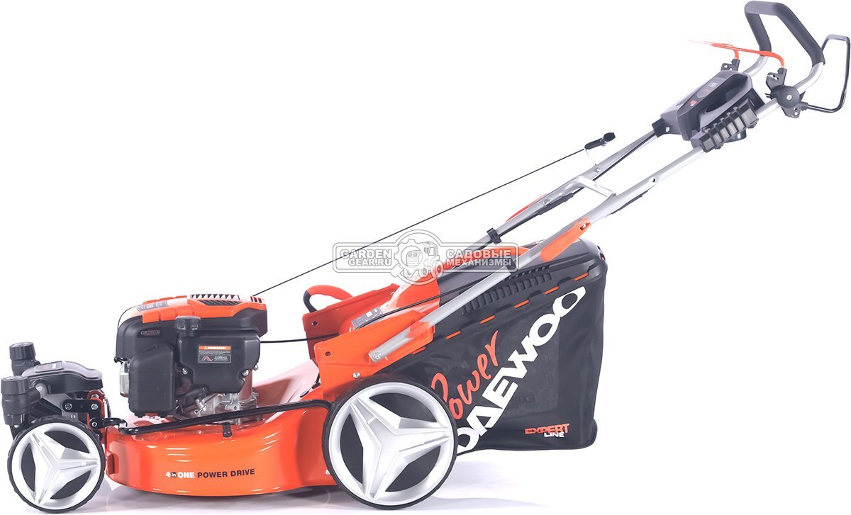 Газонокосилка бензиновая Daewoo DLM 5100SR4 с рояльными колесами (PRC, 50 см, Daewoo 165 см3, 70 л, TURBO X BLADE, сталь, 4 в 1, 32 кг)