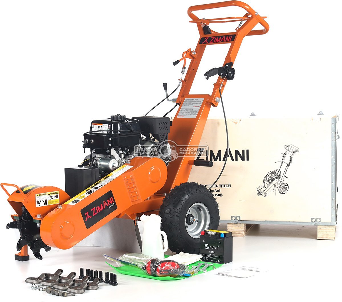 Измельчитель пней ZimAni SG350E PRO с эл/стартером (PRC, Loncin, 420 см3, Greenteeth blade, диаметр фрезы 300 мм, 104 кг)