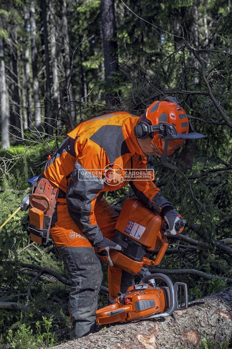 Шлем защитный Husqvarna Functional флуоресцентный, в комплекте защитная сетка-маска для лица UltraVIision, наушники, солнцезащитный козырек, пелерина