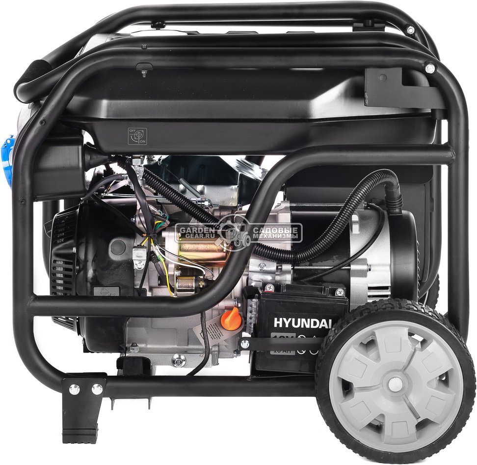 Бензиновый генератор Hyundai HHY 7050FE (PRC, Hyundai, 459 см3, 5,0/5,5 кВт, 25 л, электро стартер, комплект колёс, 94 кг)