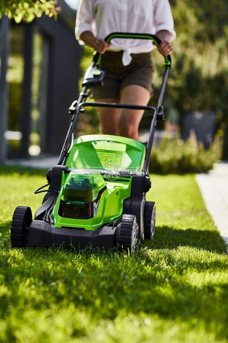Газонокосилка аккумуляторная GreenWorks G24X2LM41 с 2 АКБ 4 А/ч и ЗУ (PRC, 2х24В, 41 см, пластик, мульчирование, 50 л, 18 кг)