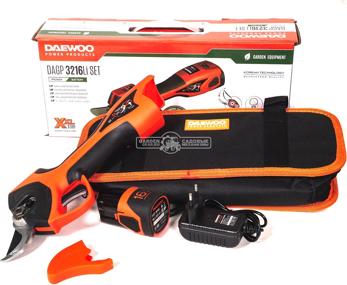 Аккумуляторный секатор Daewoo DAGP 3216Li SET с АКБ 3 А/ч и ЗУ (PRC, 16В, диаметр среза 32 мм, 1.56 кг)