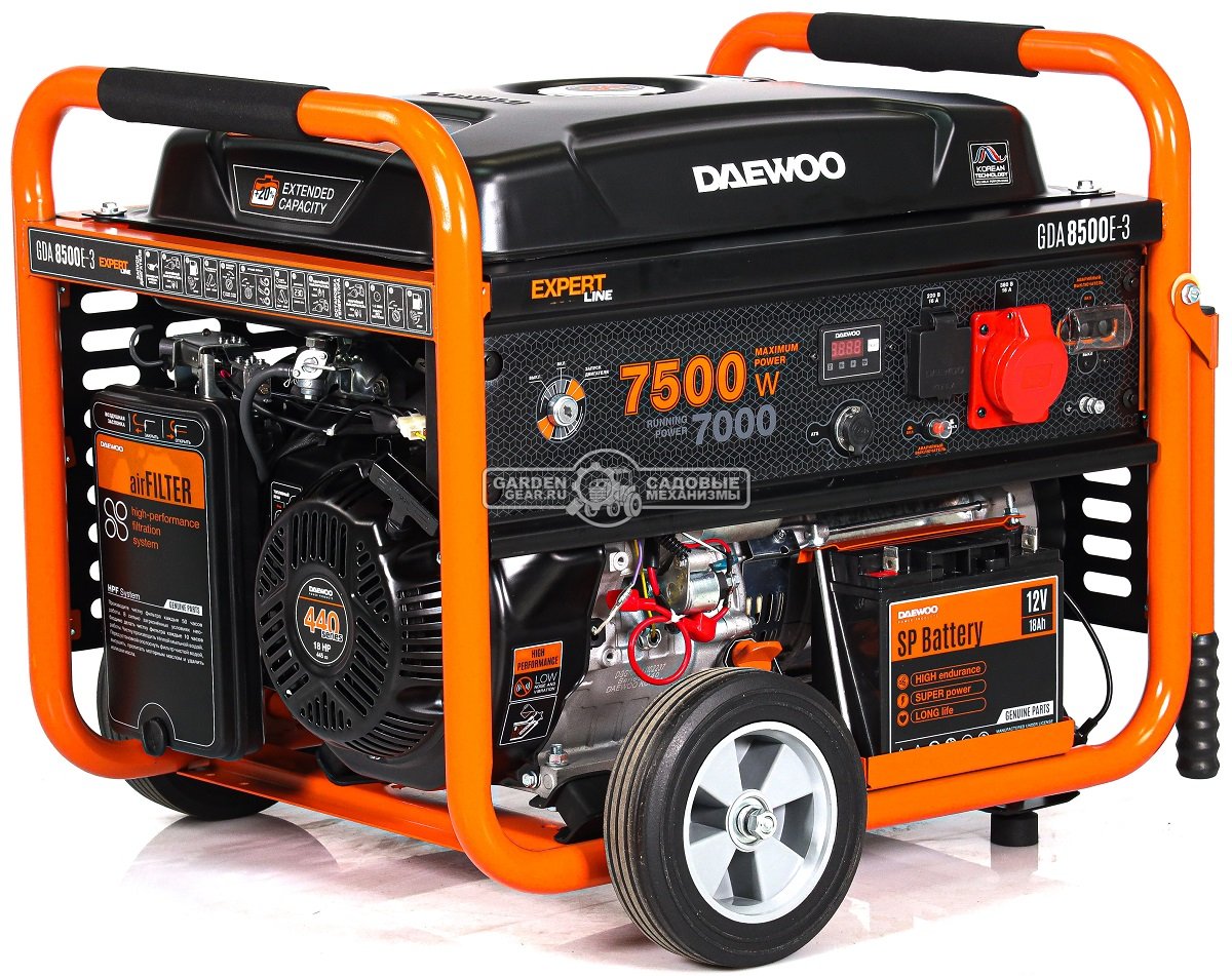 Бензиновый генератор Daewoo GDA 8500E-3 трехфазный (PRC, 445 см3, 7,0/7,5 кВт, электростартер, разъем ATS, колеса, 30 л, 94,1 кг.)
