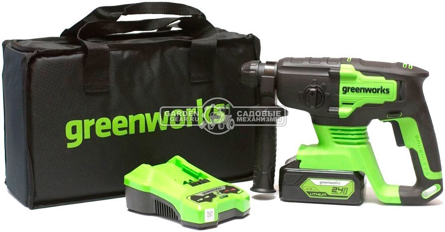 Перфоратор аккумуляторный GreenWorks GD24SDS2K4 с АКБ 4 А/ч и ЗУ (PRC, BL 24В, SDS-Plus, 2 Дж, 3.0 кг)