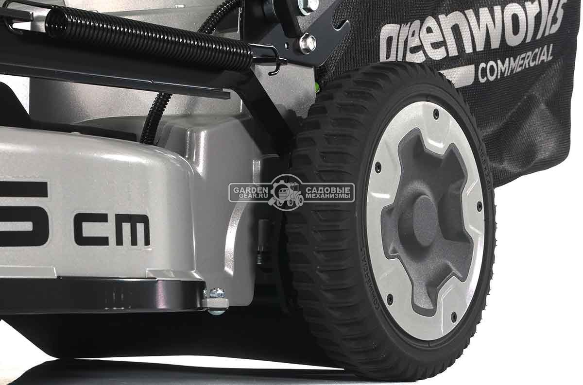 Газонокосилка аккумуляторная самоходная GreenWorks LM221S без АКБ и ЗУ (PRC, BL 82В, 56 см, 4.0 кВт, алюминий, 2 слота для АКБ, мульч., 65 л, 53 кг)
