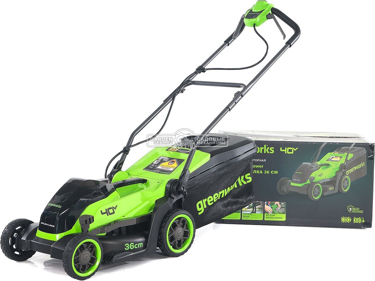Газонокосилка аккумуляторная GreenWorks GD40LM361 без АКБ и ЗУ (PRC, BL 40В, 36 см, пластик, мульчирование, 40 л, 13 кг)