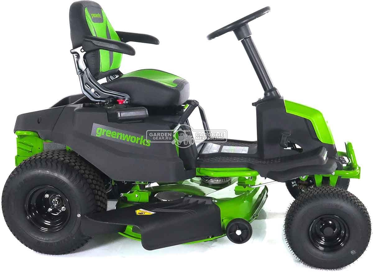 Садовый минирайдер GreenWorks GC82LT107 аккумуляторный с 6 АКБ 5 А/ч и ЗУ двойное 3 шт (PRC, BL 82В, 107 см, 6 слотов для АКБ, LED-фара, 207 кг)