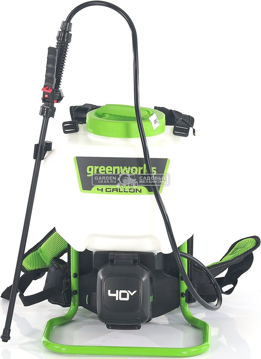 Опрыскиватель аккумуляторный GreenWorks G40BPS с АКБ 2 А/ч и ЗУ (PRC, 40В, ранцевый, 15 л, 1.9 л/мин, 4.7 кг)