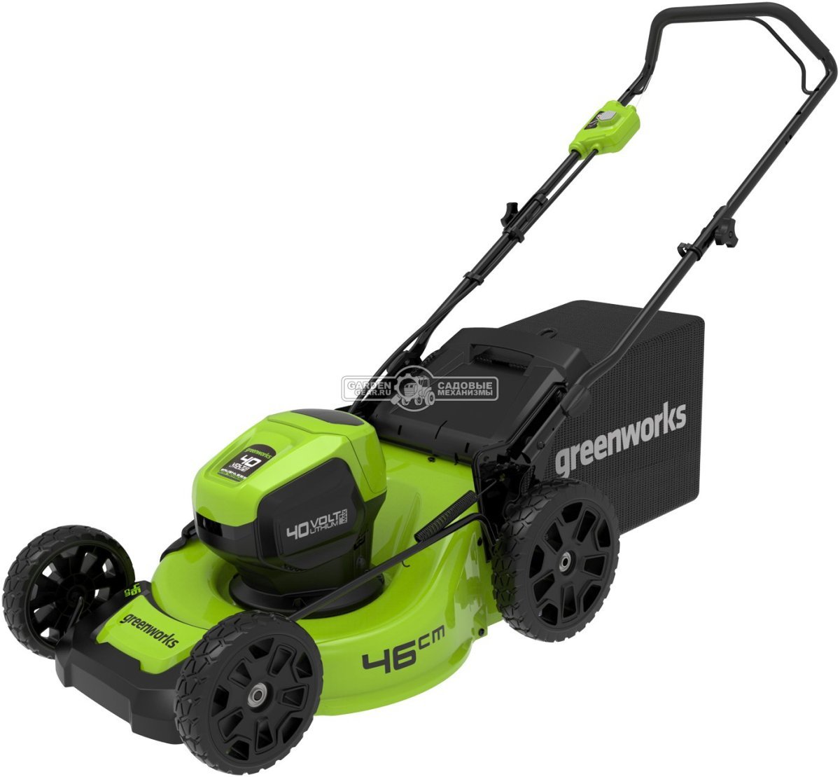 Газонокосилка аккумуляторная GreenWorks GD40LM46HP с АКБ 4 А/ч и ЗУ (PRC, BL 40В, 46 см, сталь, 3 в 1, 55 л, 25 кг)
