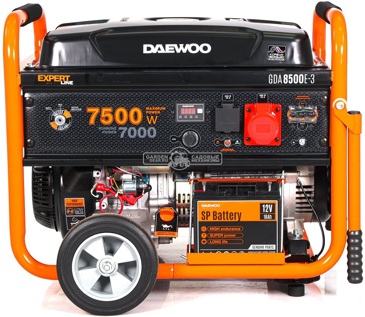 Бензиновый генератор Daewoo GDA 8500E-3 трехфазный (PRC, 445 см3, 7,0/7,5 кВт, электростартер, разъем ATS, колеса, 30 л, 94,1 кг.)