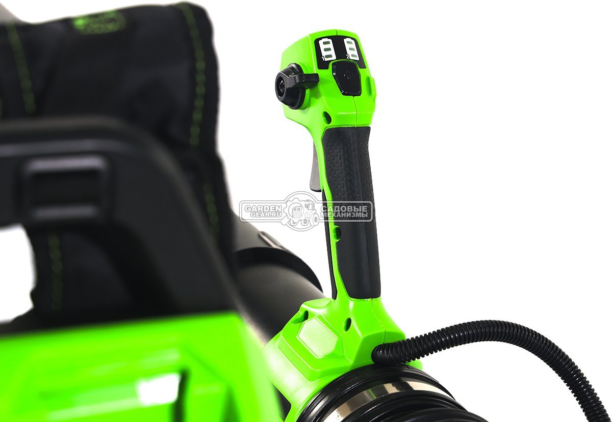Воздуходувка аккумуляторная ранцевая GreenWorks АGD40BPG2 с АКБ 4 А/ч и ЗУ (PRC, BL 40В, 281 км/ч, 20 м3\мин, Turbo режим)