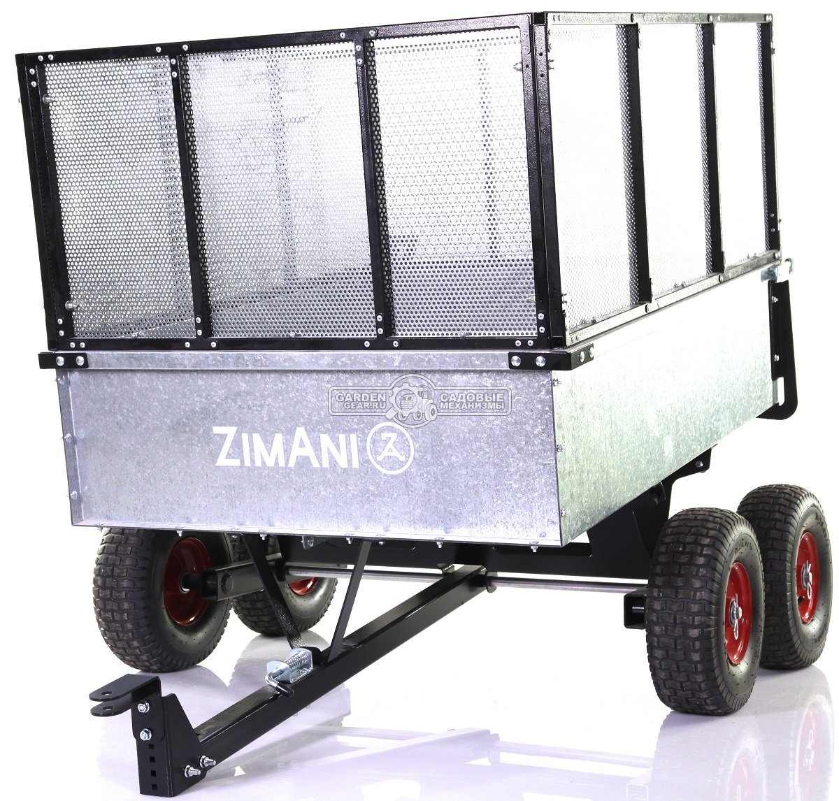 Тележка - прицеп ZimAni Stainless steel 500S 4WD с бортами для садовых тракторов, с механизмом опрокидывания (4 колеса, оцинкованной сталь, 500 кг)