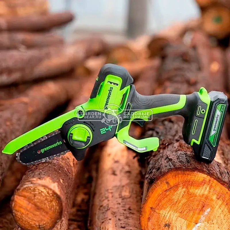 Аккумуляторный цепной сучкорез - минипила GreenWorks G24MCS10 с АКБ 4 А/ч и ЗУ (PRC, 24В, шина 4&quot;/10 см, 1/4&quot;-1.1-26E, 1.9 кг)