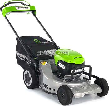 Газонокосилка аккумуляторная самоходная GreenWorks LM221S без АКБ и ЗУ (PRC, BL 82В, 56 см, 4.0 кВт, алюминий, 2 слота для АКБ, мульч., 65 л, 53 кг)