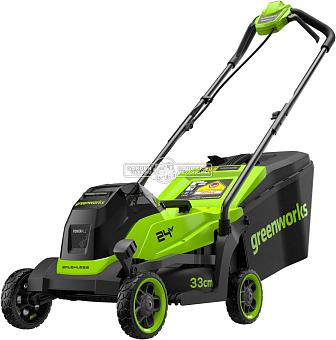 Газонокосилка аккумуляторная GreenWorks GD24LM331 с АКБ 2 А/ч и ЗУ (PRC, BL 24В, 33 см, пластик, мульчирование, травосборник 30 л, 9.9 кг)