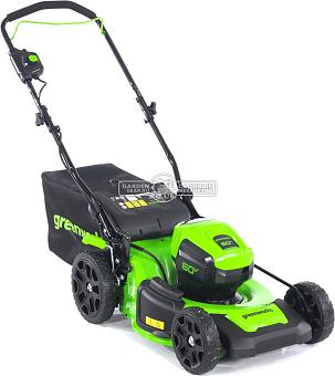 Газонокосилка аккумуляторная GreenWorks GD60LM46HP с АКБ 4 А/ч и ЗУ (PRC, BL 60В, 46 см, сталь, 3 в 1, 55 л, 24.5 кг)