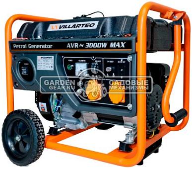Бензиновый генератор Villartec GG3400WC (PRC, 223 см3, 2.6/3.0 кВт, медь, 15 л, комплект колёс, 40 кг)
